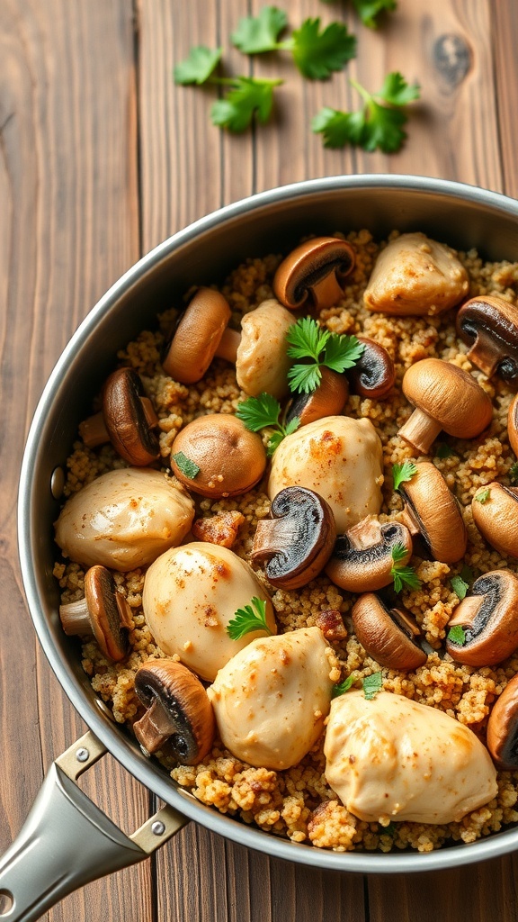 A skillet filled with quinoa, chicken, and mushrooms, garnished with parsley on a rustic table.